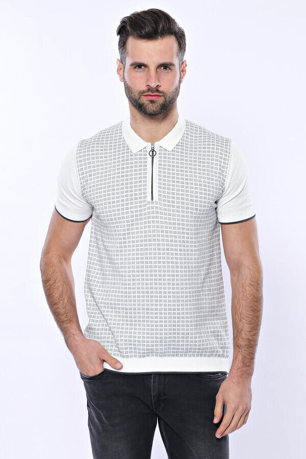 T-shirt polo tricoté à fermeture éclair à carreaux gris clair | Wess