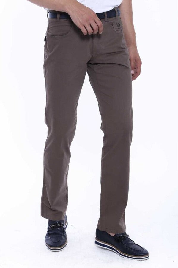 Pantaloni da uomo marroni in pelle scamosciata con tasca coperta e tinta unita - Wessi